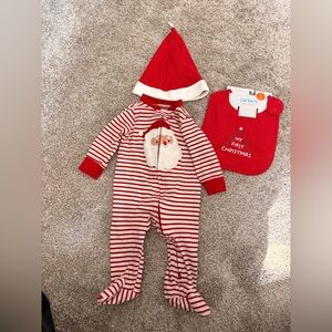 Carter's Red and White Striped Baby Outfit With Santa Hat and Bib
